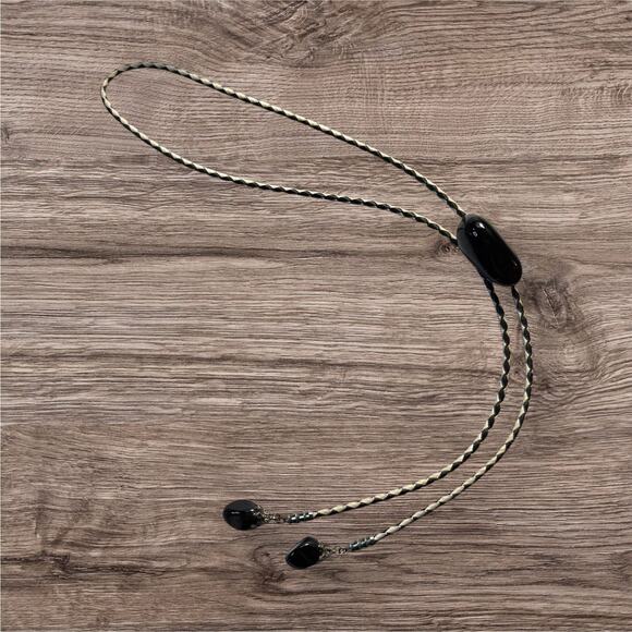 VTG Obsidian Bolo Tie Western Southwestern White Black Braid Cord Leather Unisex - Picture 1 of 12